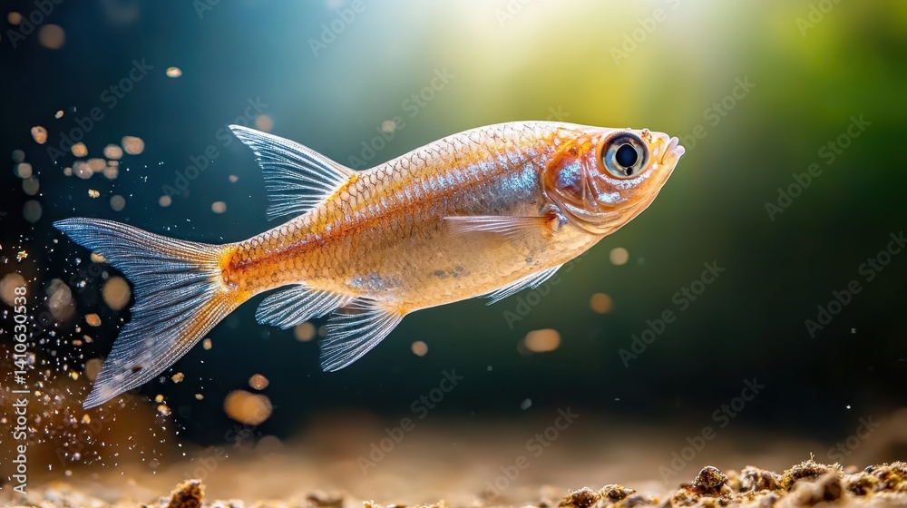 Naklejka premium An exquisite shot of a vibrant fish gracefully swimming through the shimmering waters, capturing the essence of aquatic life and beauty in motion.