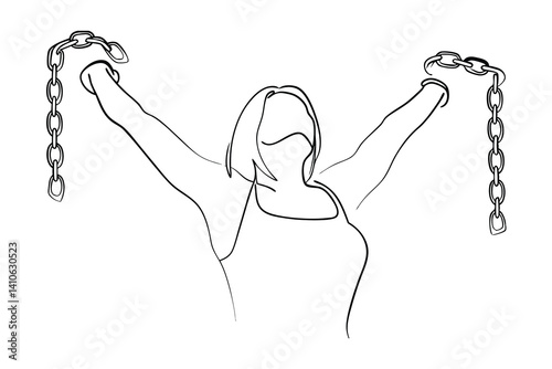 Woman Breaking Chains In Single Line Art Style Symbolizing Freedom And Empowerment Representing Liberation And Overcoming Obstacles With Hope And Resilience
