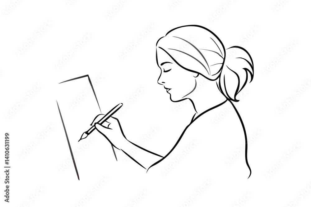 Minimalist Line Art Of Woman Drawing Profile View With Brush In Hand Illustrating Artistic Expression And Creative Focus On White Background