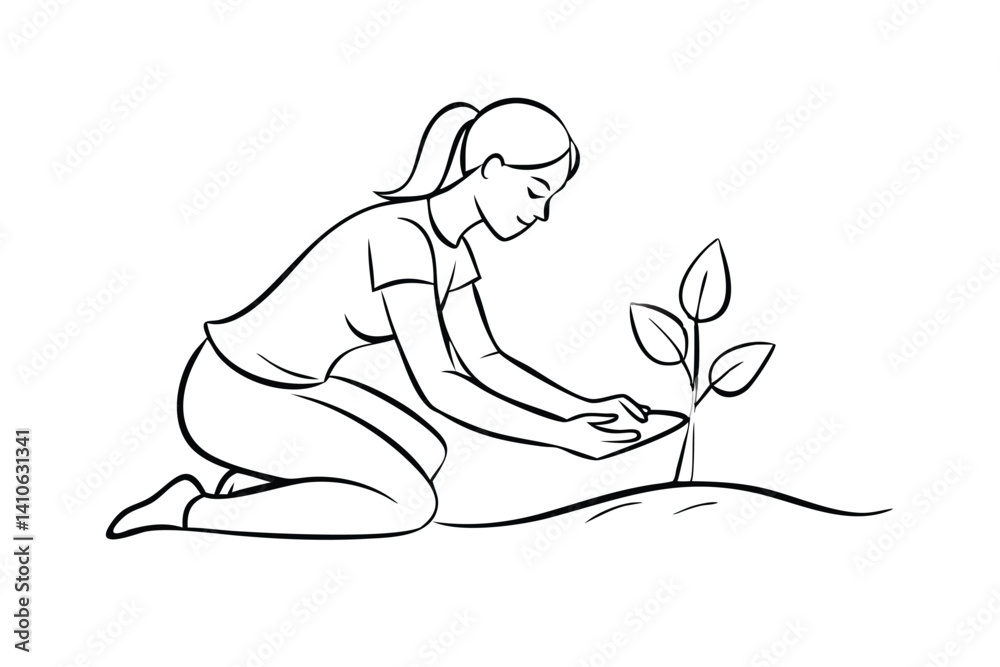 Woman Planting Seedling Sketch Simple Black And White Illustration Environmentally Conscious Gardening Eco Friendly Growing New Life Hopeful Future Nurturing Earth Woman Planting Seedling Sketch Simple Black And White Illustration Environmentally Conscious Gardening Eco Friendly Growing New Life Hopeful Future Nurturing Earth