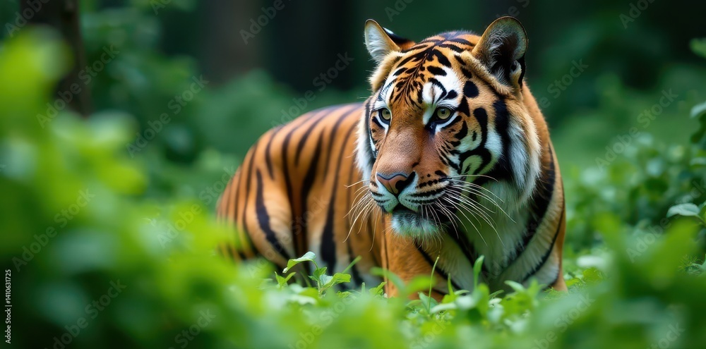 Fototapeta premium Striped Bengal tiger camouflaged by lush green foliage , background, mammal