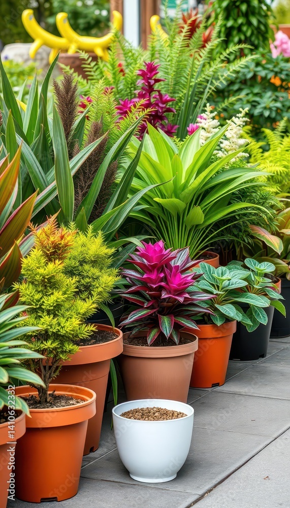 Fototapeta premium Varied potted plants in a neat row, showcasing diverse foliage and containers, home decor, home, potted plants