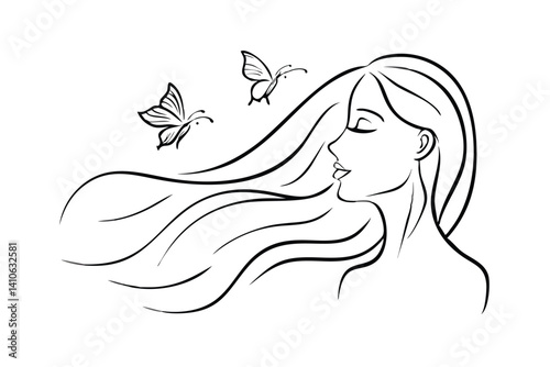 Minimalist Line Art Woman Portrait With Flowing Hair And Two Butterflies Elegant Feminine Design For Beauty And Wellness Themes