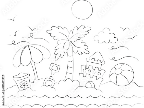 Hand drawn vector illustration of a summer beach house under a sunny sky with clouds