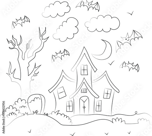 Vector winter landscape illustration with a snow-covered house and trees under a cold night sky, perfect for a Christmas holiday card