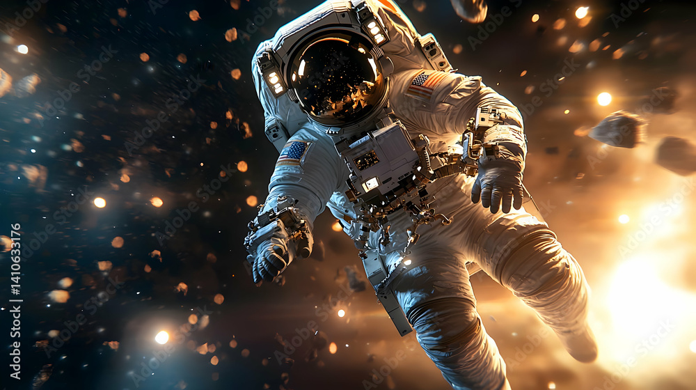 Fototapeta premium Astronaut Floating in Space Amidst Cosmic Debris