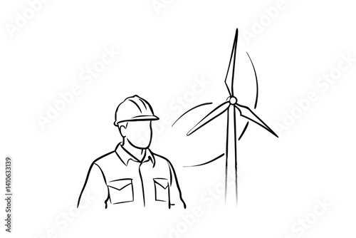 Engineer With Wind Turbine Minimalist Outline Illustration Clean Energy Sustainable Future Renewable Power Innovation And Technology Windmill Farm Worker Outline