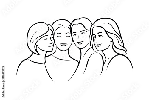 Four Beautiful Women Line Art Illustration Celebrating Friendship Bonding Together In Simple Elegant Black And White Design For Positive Relations