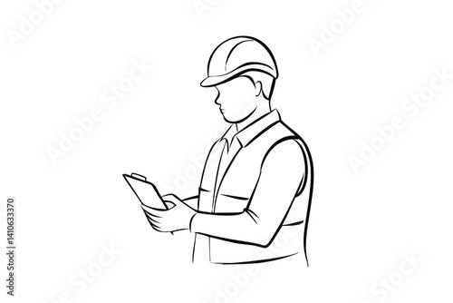 Line Art Of Construction Worker Reviewing Tablet Wearing Hard Hat And Vest On White Background Professional Illustration