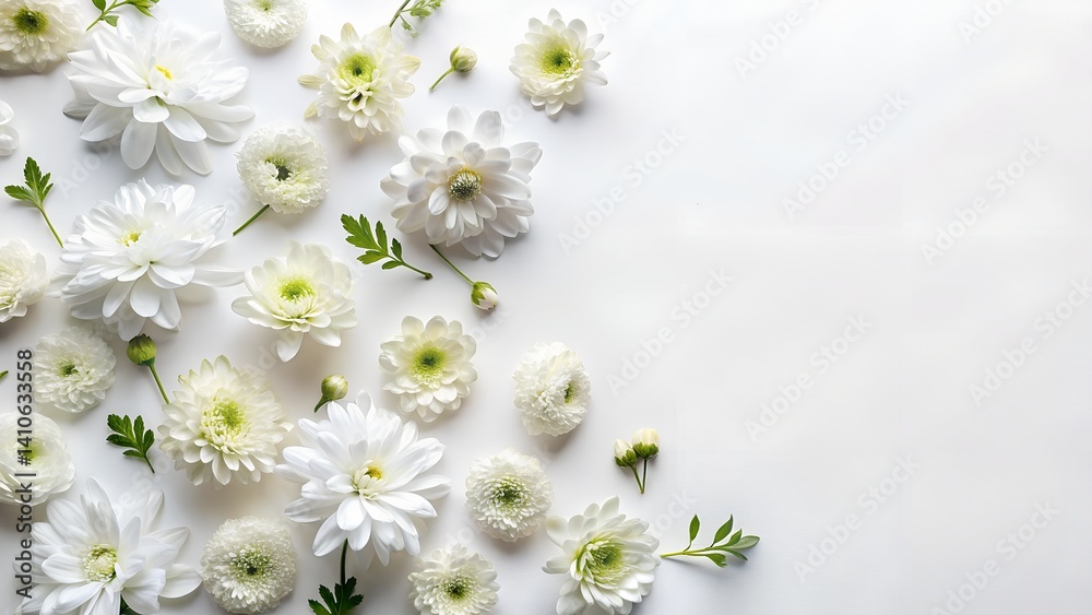 White flowers on white background. Spring concept. Flat lay, top view, copy space White flowers on white background. Spring concept. Flat lay, top view, copy space