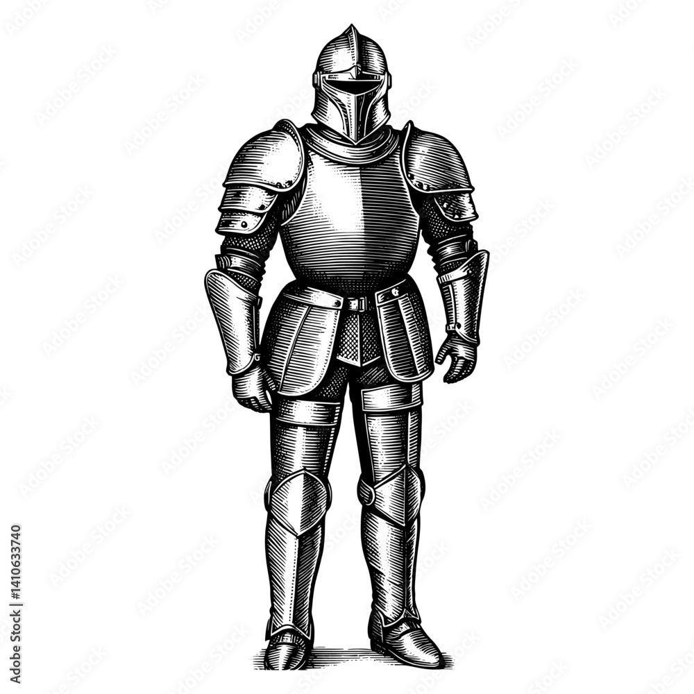 Knight in full plate armor standing in three-quarter view black and white engraving style.