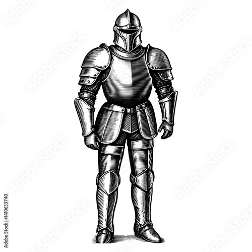 Knight in full plate armor standing in three-quarter view black and white engraving style.