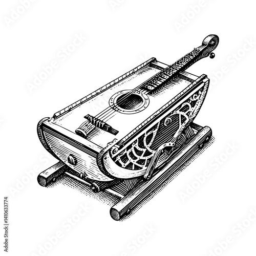Ornate Stringed Instrument hurdy-gurdy (vielle à roue) Woodcut Style