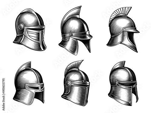 Antique Helmets in Woodcut Style, vintage, engraved,ink hand drawn illustration, vector.