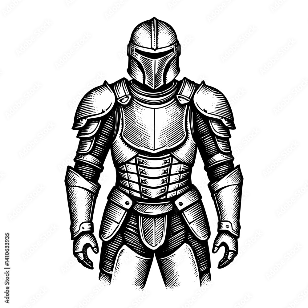 Knight in full plate armor standing facing forward black and white woodcut style. Knight in full plate armor standing facing forward black and white woodcut style.