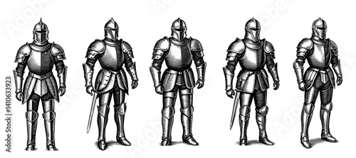 knights in armor set standing in black and white woodblock style,vintage,engraved,ink hand drawn illustration, vector.