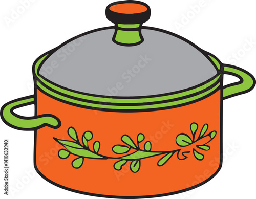 A cooking pot with soup and spoon on a white background with kitchen utensils