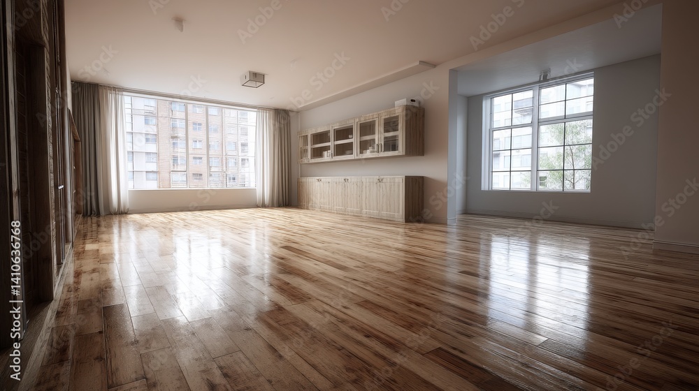 Fototapeta premium Bright, airy living room with hardwood floors, large windows, and built-in wooden cabinetry. Sunlight streams in, illuminating the polished wood.
