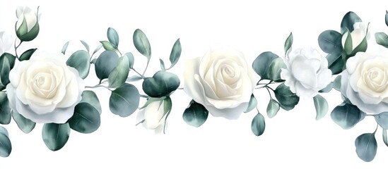 A watercolor border set of white roses and eucalyptus leaves isolated on a white background This floral design is perfect for wedding invitations with a soft and romantic vibe
