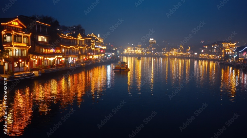 Naklejka premium Scenic night view of illuminated traditional chinese riverside architecture