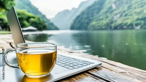 Laptop & tea by scenic lake, mountains