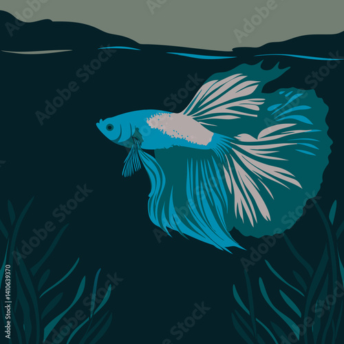 Elegant Halfmoon purple butterfly Betta fish with soft pink hues, flowing fins, and a butterfly-like tail in stunning vector artwork.