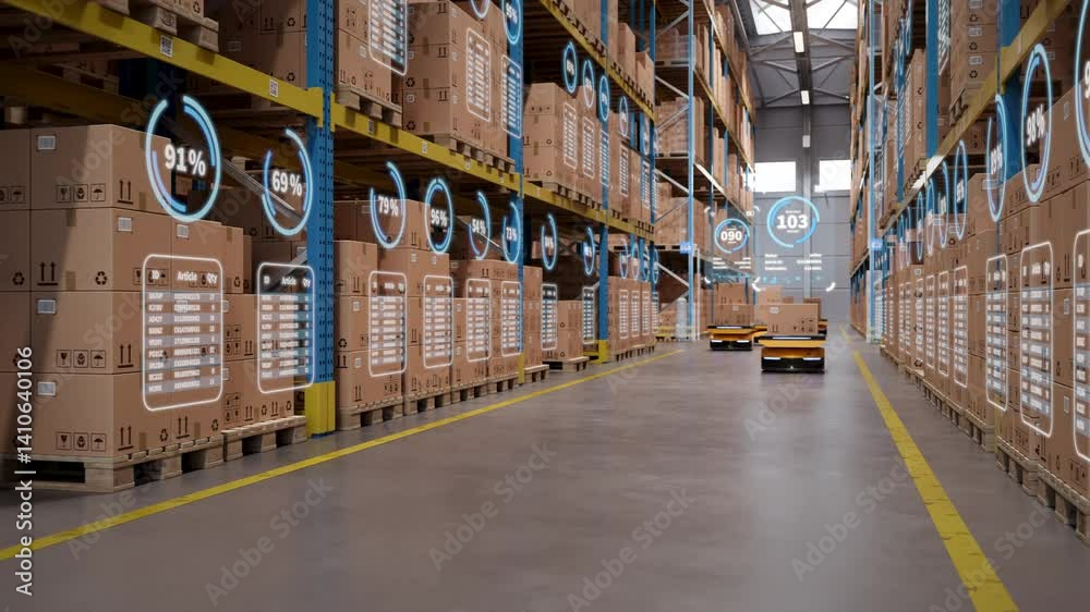 Warehouse Digitization and Digital Automation: AGV robots transporting cardboard boxes in logistics center. Graphic effects visualize optimized warehouse management. 3d rendering animation.