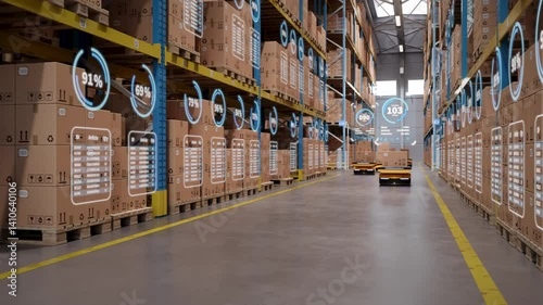 Wallpaper Mural Warehouse Digitization and Digital Automation: AGV robots transporting cardboard boxes in logistics center. Graphic effects visualize optimized warehouse management. 3d rendering animation. Torontodigital.ca