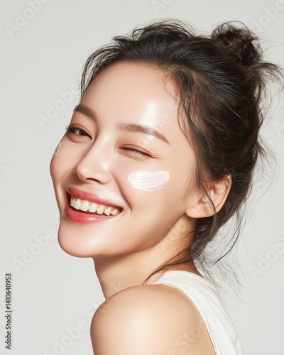 Smiling Asian Woman with Facial Cream - Beauty Commercial