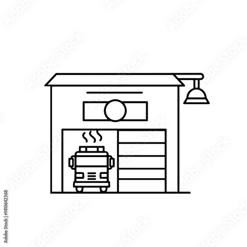 Fire station with truck in minimalist line art style  -icon