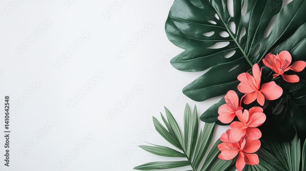 Fototapeta premium Lush vibrant coral flowers and tropical monstera leaves arranged on a minimalist off-white background creating a summery botanical flat lay design perfect for invitations or social