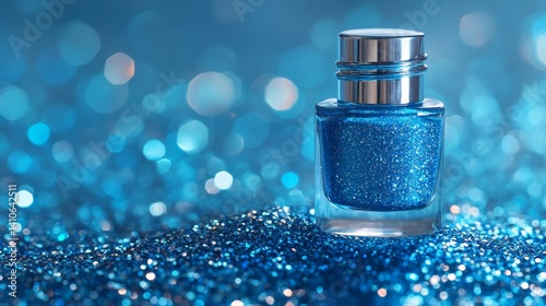 Sparkling blue glitter in a glass bottle on a shimmering surface