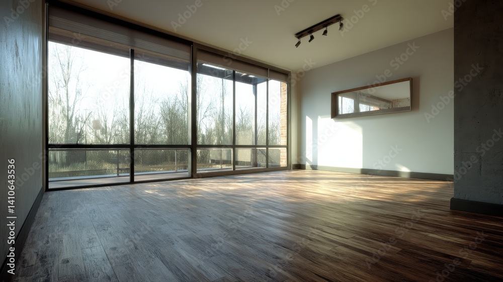 Fototapeta premium Sunlit empty room with hardwood floors and large windows offering a view of trees. The minimalist design features a long mirror on the wall.