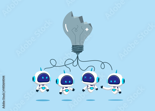 Robots pointing bad idea electric burnt out bulb. Failed technology, bankrupt, crisis. Flat vector illustration