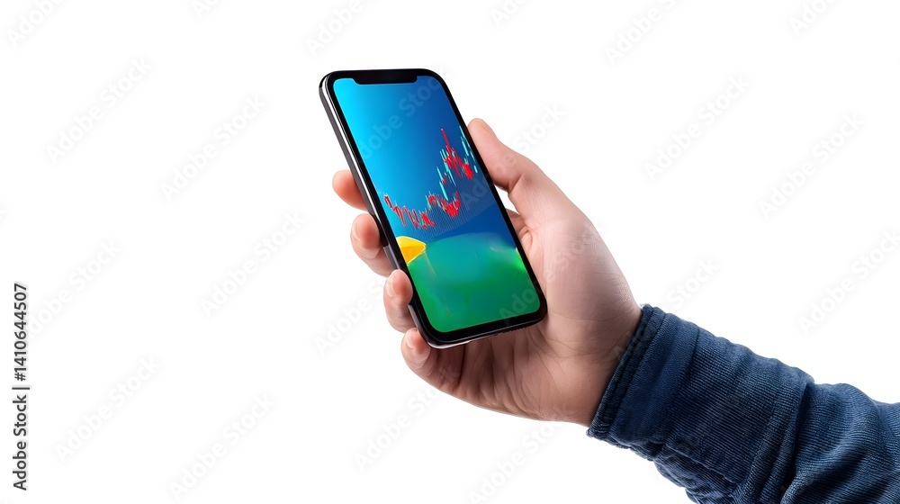 A hand holding a smartphone displaying a colorful graph on its screen, indicating financial or data analysis. A hand holding a smartphone displaying a colorful graph on its screen, indicating financial or data analysis.