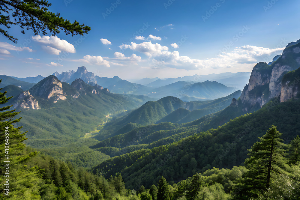 Fototapeta premium Breathtaking summer day in wild mountains with coniferous forest and green slopes. Location place Carpathian mountains, Ukraine, Europe. Sunshine vibe. Photo wallpaper. Discovery the beauty of earth