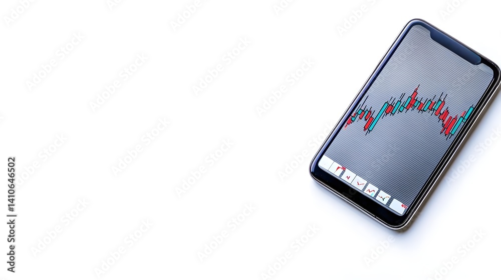 A smartphone displaying a stock market chart with various colored lines, set against a minimalistic white background.