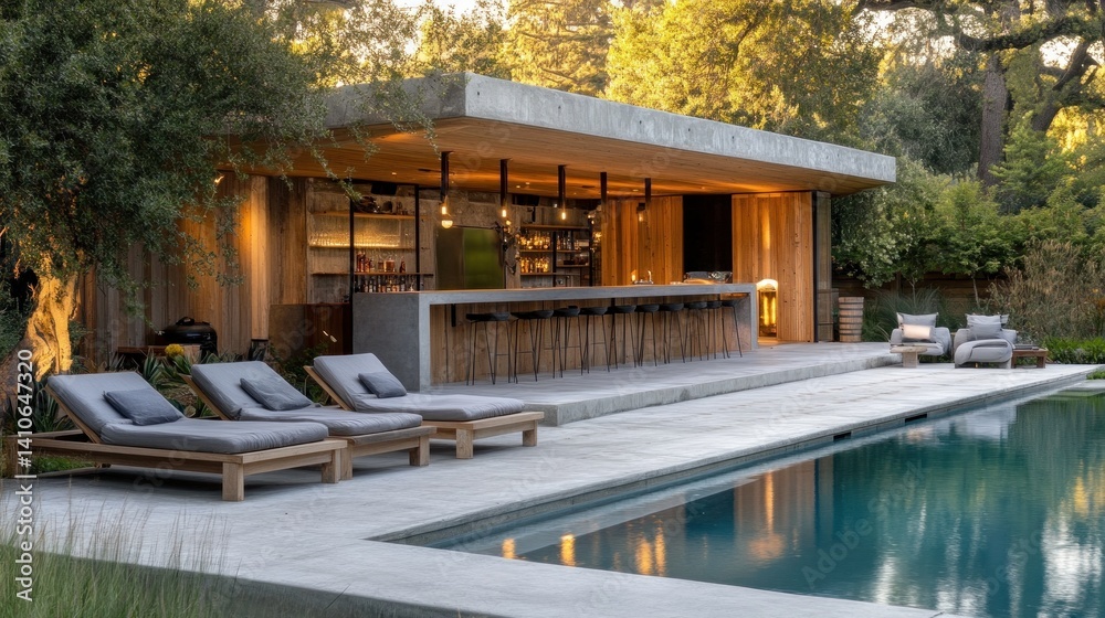 Fototapeta premium Modern pool house interior with concrete bar and daybeds 