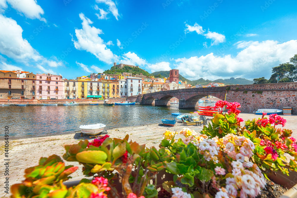 Unbelivable cityscape of Bosa town with Ponte Vecchio bridge across the Temo river.