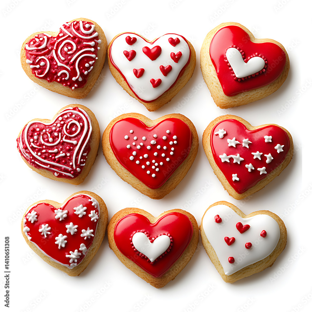 Fototapeta premium A collection of nine heart-shaped cookies, each decorated with unique red and white icing patterns.