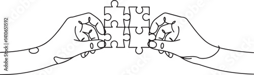  Hands Completing Puzzle: Line Art of Puzzle Pieces in Collaboration