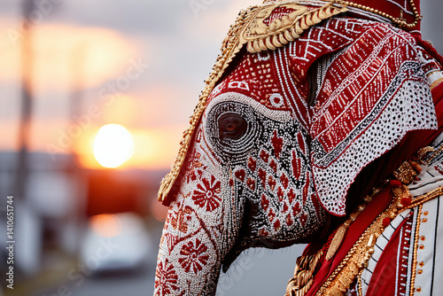 Sri Lankan Kandy Esala Perahera festival elephant with intricate embroidered costume and ceremonial headpiece photo