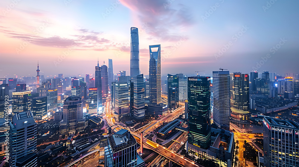 Obraz premium Aerial panoramic view of a sprawling modern metropolis skyline at twilight. Illuminated skyscrapers and complex road networks glow under a colorful sky.