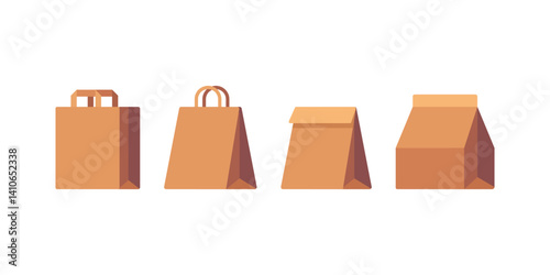 A flat illustration of brown paper bags in various styles arranged against a white backdrop.