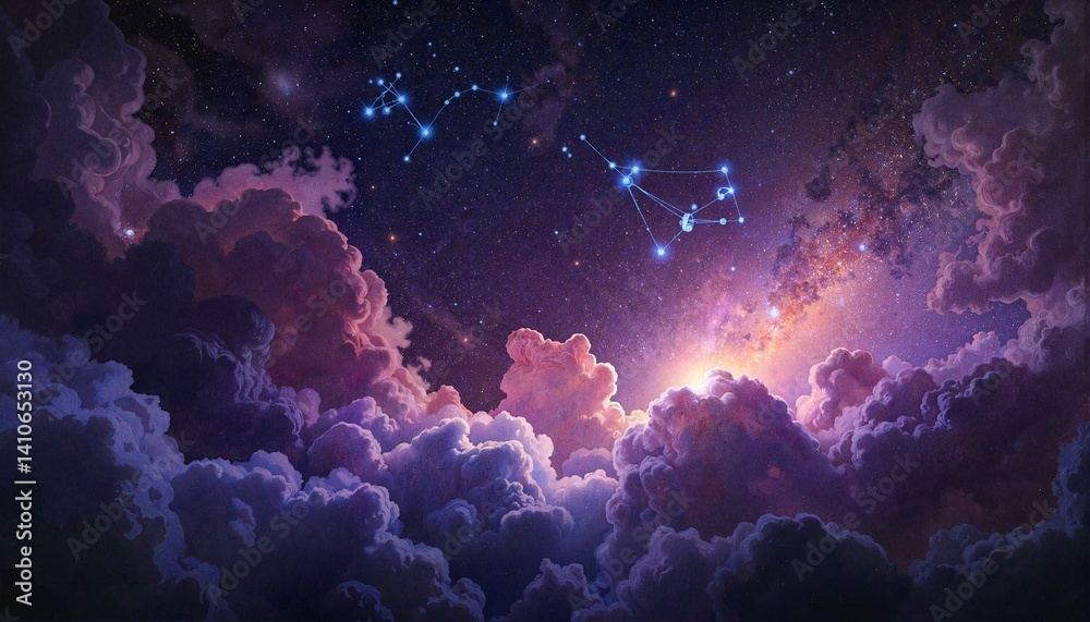 Fototapeta premium Cosmic clouds with constellations in a starry night sky
