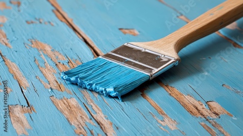 A vibrant blue brush splayed with thick paint rests on distressed wooden planks, capturing the raw beauty of artistry and the passage of time through worn surfaces.