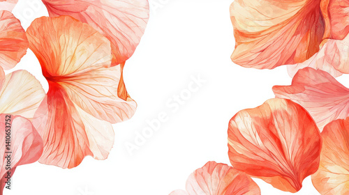 Delicate watercolor painting of peach flower petals arranged symmetrically around a white space creating a beautiful floral frame perfect for design projects or invitations.
