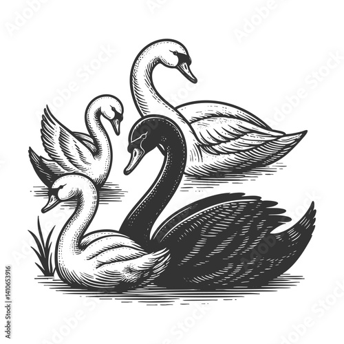 black swan surrounded by white swans, representing an outlier, rarity, or unexpected disruptive force sketch engraving generative ai vector illustration. Scratch board imitation. Black and white image