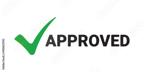 Simple green check mark icon with black text approved. Vector element for UI, app interface and infographics.
