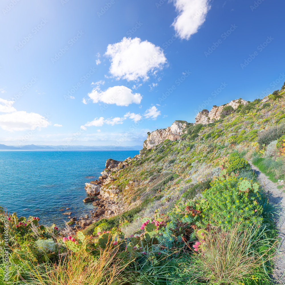 Picturesque spring view on the the cape Milazzo panorama of nature reserve Piscina di Venere.
